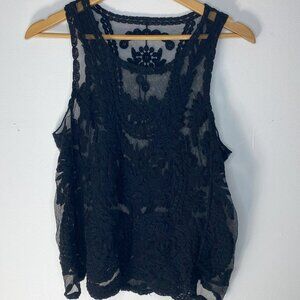 No tag, H&M, Sleeveless Top, embroidered-feel, round neck, Sheer Black, Size M